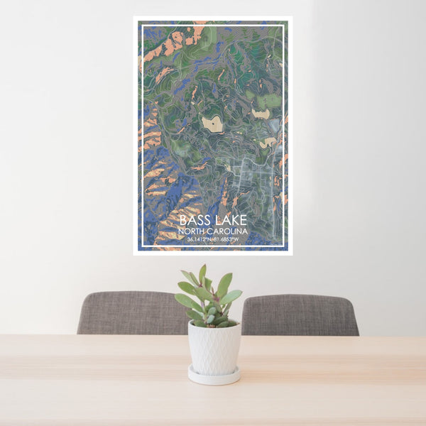 24x36 Bass Lake North Carolina Map Print Portrait Orientation in Afternoon Style Behind 2 Chairs Table and Potted Plant