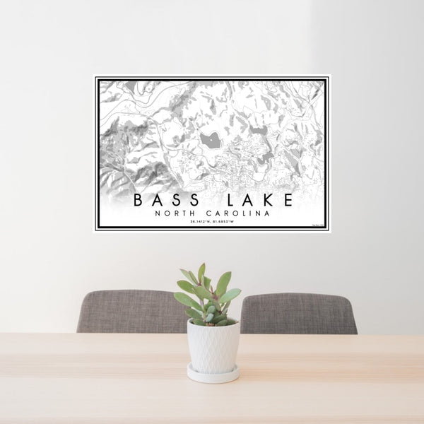 24x36 Bass Lake North Carolina Map Print Lanscape Orientation in Classic Style Behind 2 Chairs Table and Potted Plant