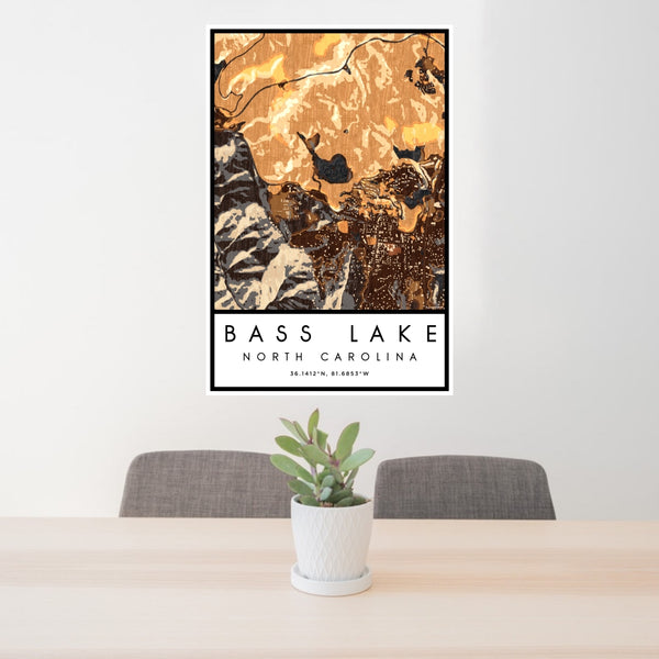 24x36 Bass Lake North Carolina Map Print Portrait Orientation in Ember Style Behind 2 Chairs Table and Potted Plant