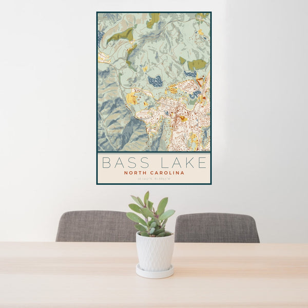 24x36 Bass Lake North Carolina Map Print Portrait Orientation in Woodblock Style Behind 2 Chairs Table and Potted Plant