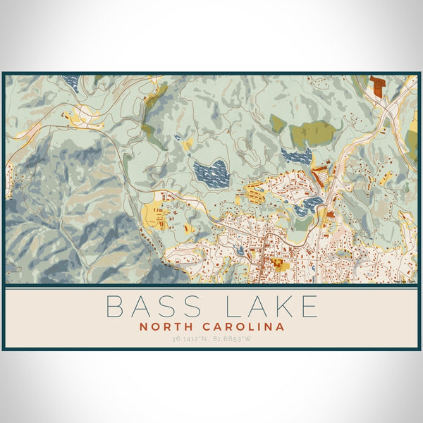 Bass Lake North Carolina Map Print Landscape Orientation in Woodblock Style With Shaded Background