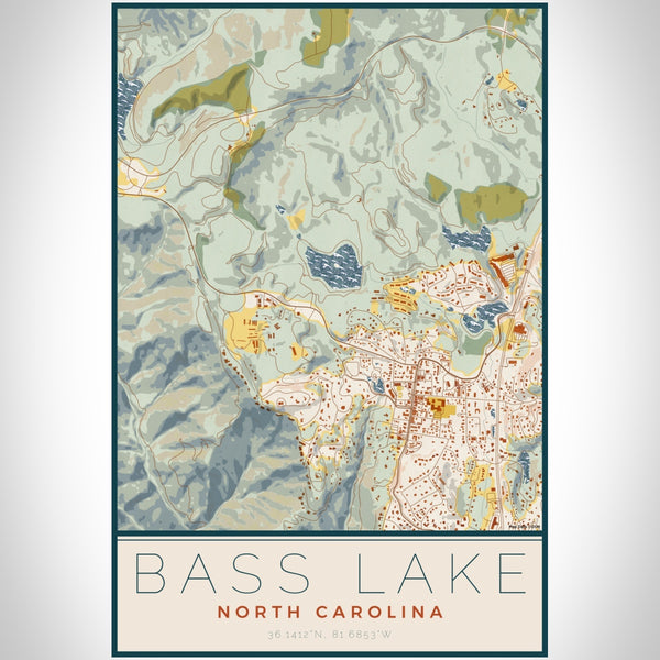 Bass Lake North Carolina Map Print Portrait Orientation in Woodblock Style With Shaded Background