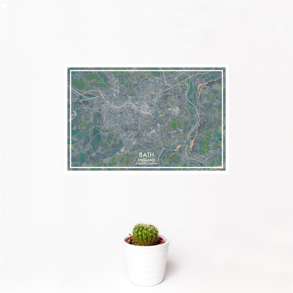 12x18 Bath England Map Print Landscape Orientation in Afternoon Style With Small Cactus Plant in White Planter