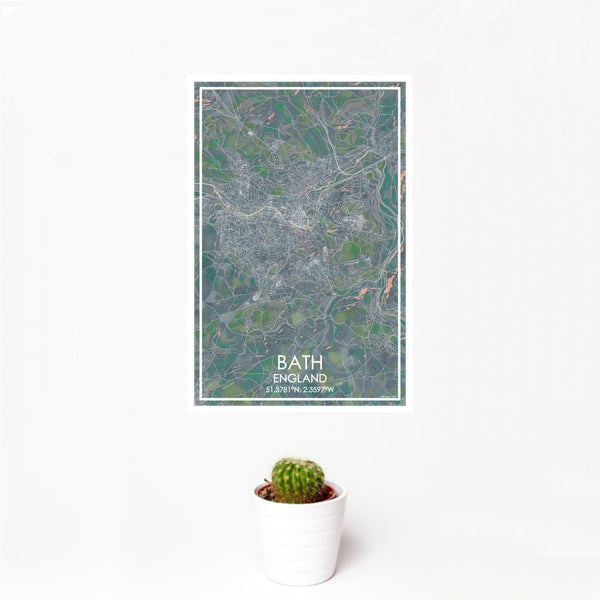 12x18 Bath England Map Print Portrait Orientation in Afternoon Style With Small Cactus Plant in White Planter