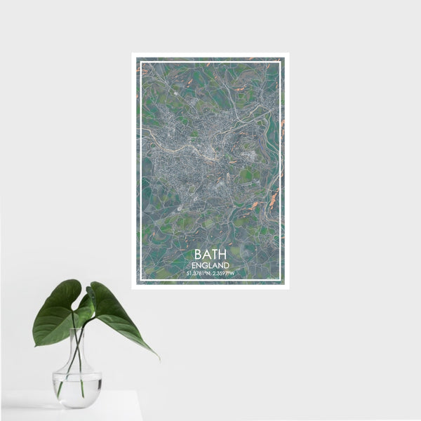 16x24 Bath England Map Print Portrait Orientation in Afternoon Style With Tropical Plant Leaves in Water