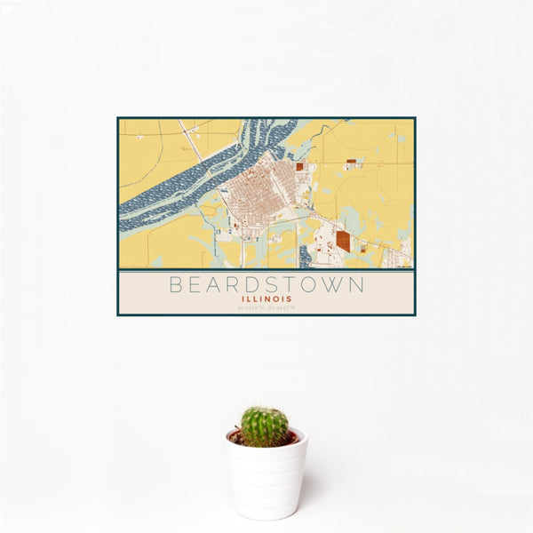 12x18 Beardstown Illinois Map Print Landscape Orientation in Woodblock Style With Small Cactus Plant in White Planter