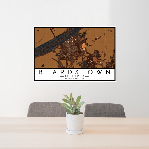 24x36 Beardstown Illinois Map Print Lanscape Orientation in Ember Style Behind 2 Chairs Table and Potted Plant