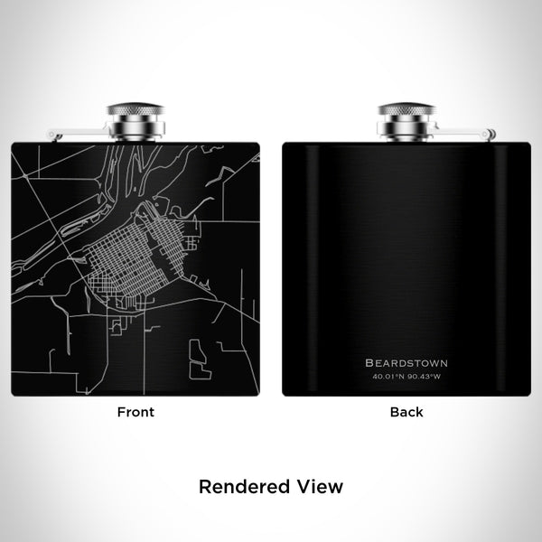 Rendered View of Beardstown Illinois Map Engraving on 6oz Stainless Steel Flask in Black