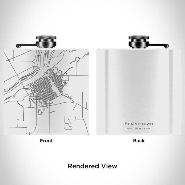 Rendered View of Beardstown Illinois Map Engraving on 6oz Stainless Steel Flask in White