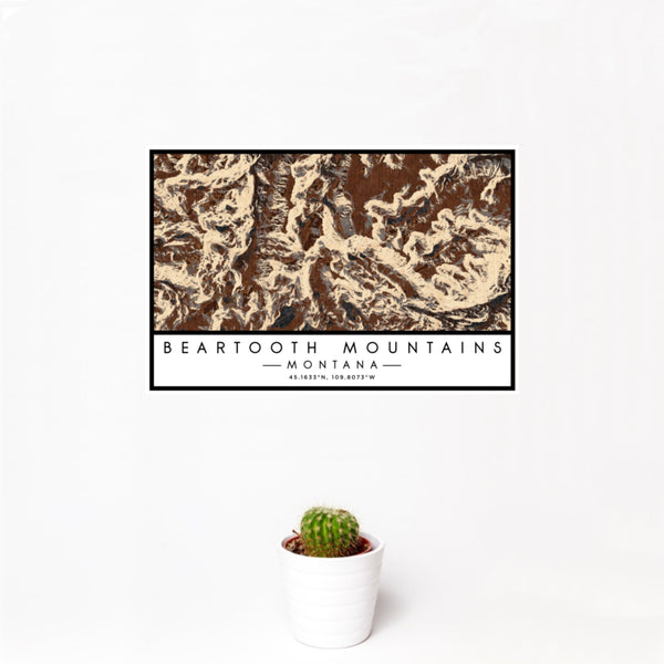 12x18 Beartooth Mountains Montana Map Print Landscape Orientation in Ember Style With Small Cactus Plant in White Planter