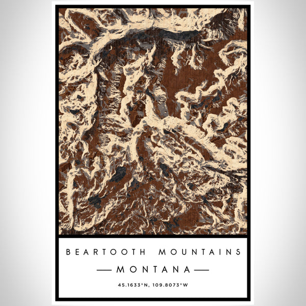 Beartooth Mountains Montana Map Print Portrait Orientation in Ember Style With Shaded Background
