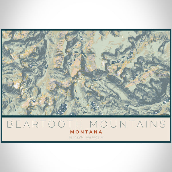 Beartooth Mountains Montana Map Print Landscape Orientation in Woodblock Style With Shaded Background