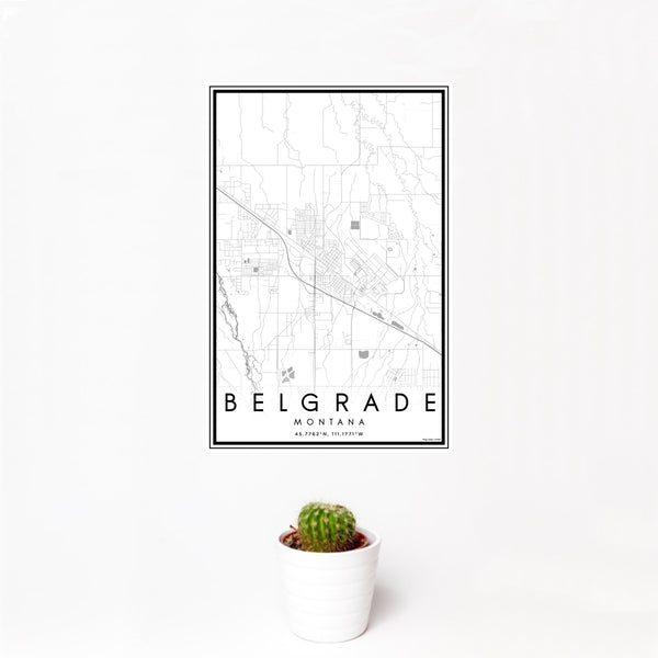 12x18 Belgrade Montana Map Print Portrait Orientation in Classic Style With Small Cactus Plant in White Planter