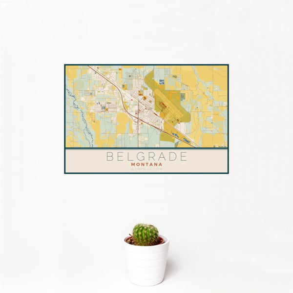 12x18 Belgrade Montana Map Print Landscape Orientation in Woodblock Style With Small Cactus Plant in White Planter