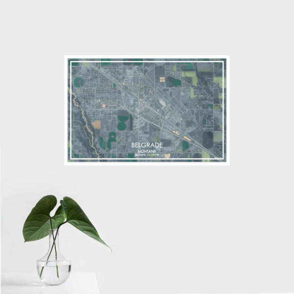 16x24 Belgrade Montana Map Print Landscape Orientation in Afternoon Style With Tropical Plant Leaves in Water
