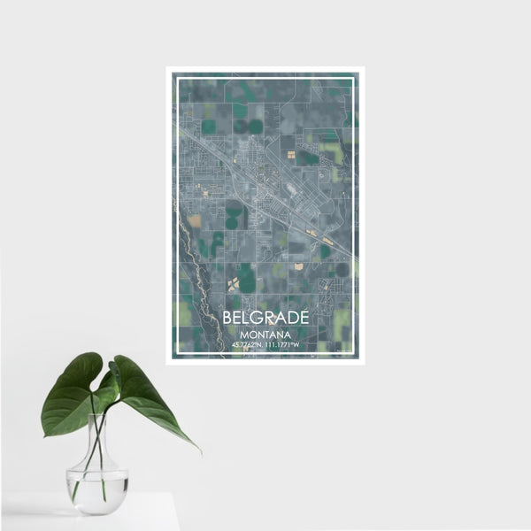 16x24 Belgrade Montana Map Print Portrait Orientation in Afternoon Style With Tropical Plant Leaves in Water