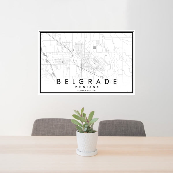 24x36 Belgrade Montana Map Print Lanscape Orientation in Classic Style Behind 2 Chairs Table and Potted Plant