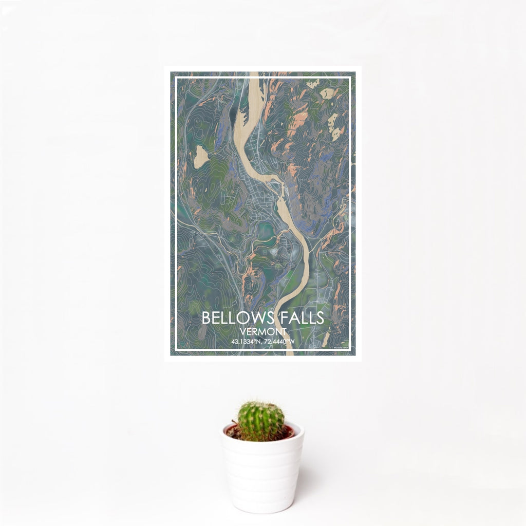 12x18 Bellows Falls Vermont Map Print Portrait Orientation in Afternoon Style With Small Cactus Plant in White Planter
