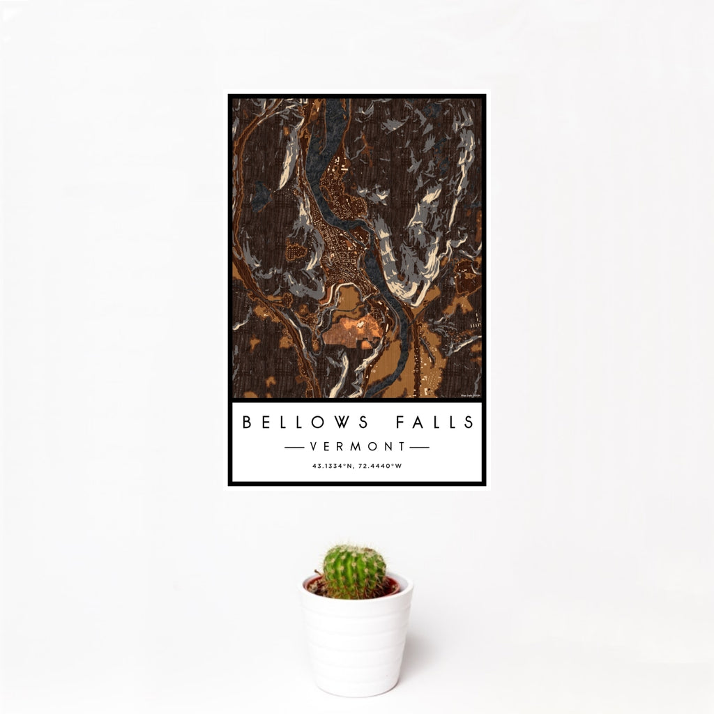 12x18 Bellows Falls Vermont Map Print Portrait Orientation in Ember Style With Small Cactus Plant in White Planter