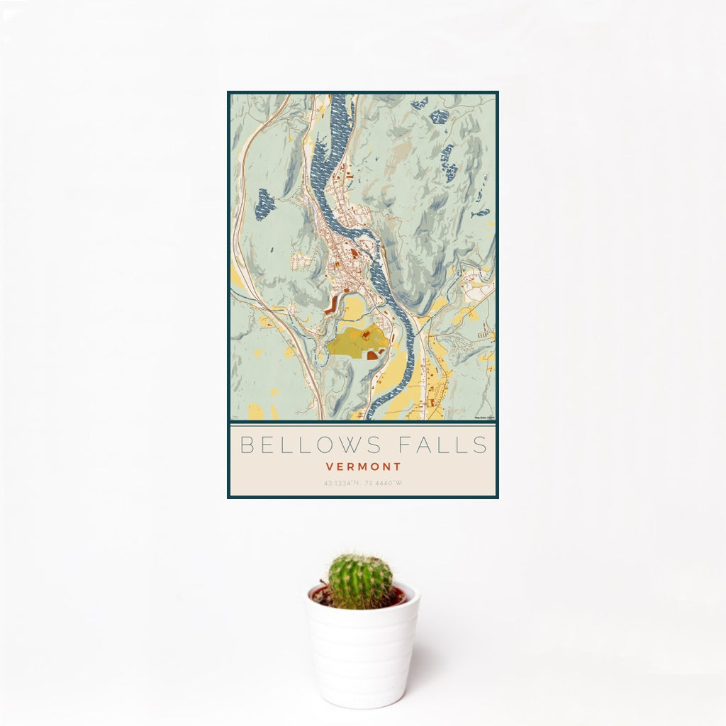 12x18 Bellows Falls Vermont Map Print Portrait Orientation in Woodblock Style With Small Cactus Plant in White Planter