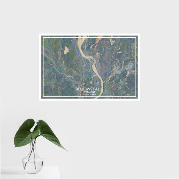 16x24 Bellows Falls Vermont Map Print Landscape Orientation in Afternoon Style With Tropical Plant Leaves in Water