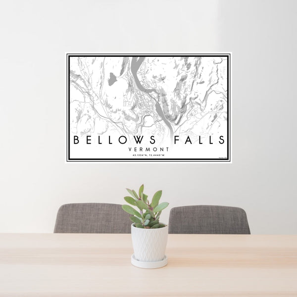 24x36 Bellows Falls Vermont Map Print Lanscape Orientation in Classic Style Behind 2 Chairs Table and Potted Plant
