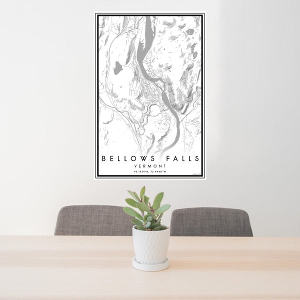 24x36 Bellows Falls Vermont Map Print Portrait Orientation in Classic Style Behind 2 Chairs Table and Potted Plant