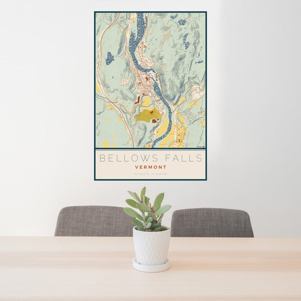 24x36 Bellows Falls Vermont Map Print Portrait Orientation in Woodblock Style Behind 2 Chairs Table and Potted Plant