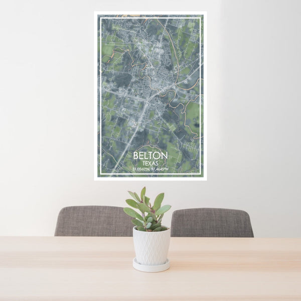 24x36 Belton Texas Map Print Portrait Orientation in Afternoon Style Behind 2 Chairs Table and Potted Plant