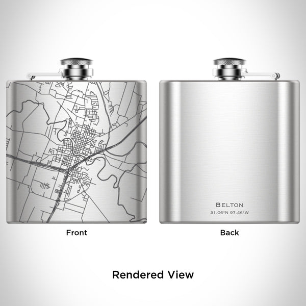 Rendered View of Belton Texas Map Engraving on 6oz Stainless Steel Flask