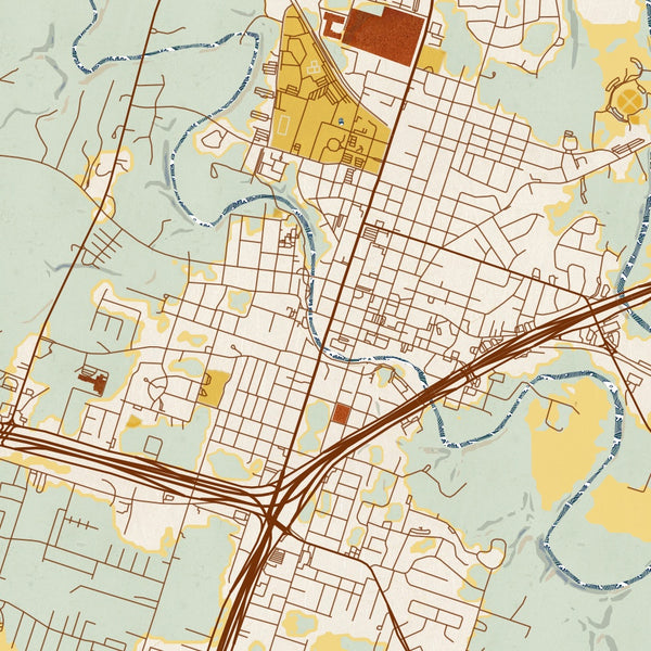 Belton Texas Map Print in Woodblock Style Zoomed In Close Up Showing Details