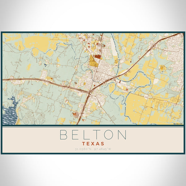 Belton Texas Map Print Landscape Orientation in Woodblock Style With Shaded Background