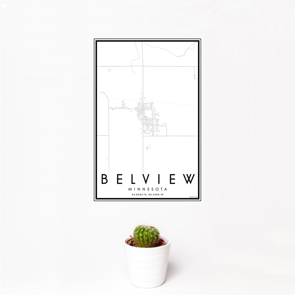 12x18 Belview Minnesota Map Print Portrait Orientation in Classic Style With Small Cactus Plant in White Planter