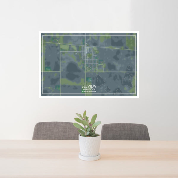 24x36 Belview Minnesota Map Print Lanscape Orientation in Afternoon Style Behind 2 Chairs Table and Potted Plant