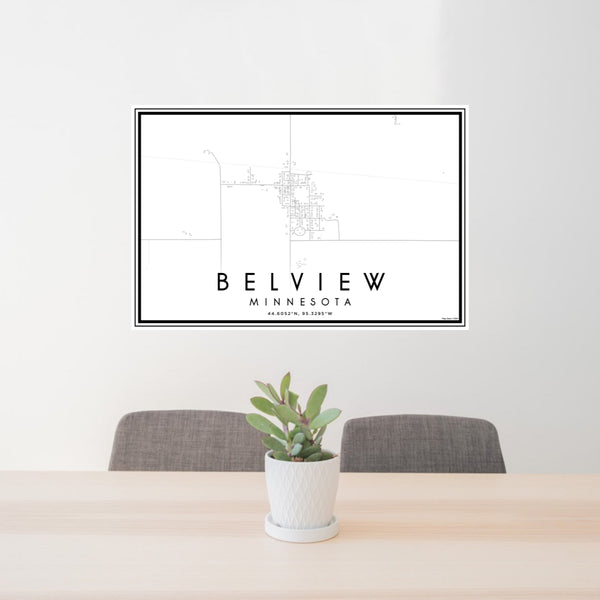 24x36 Belview Minnesota Map Print Lanscape Orientation in Classic Style Behind 2 Chairs Table and Potted Plant