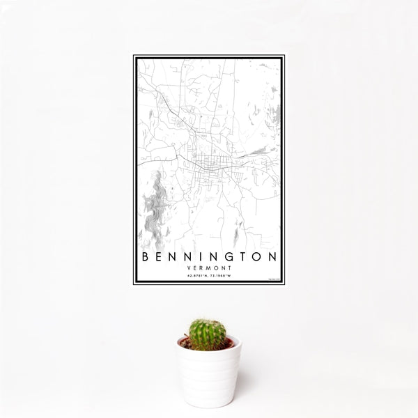 12x18 Bennington Vermont Map Print Portrait Orientation in Classic Style With Small Cactus Plant in White Planter