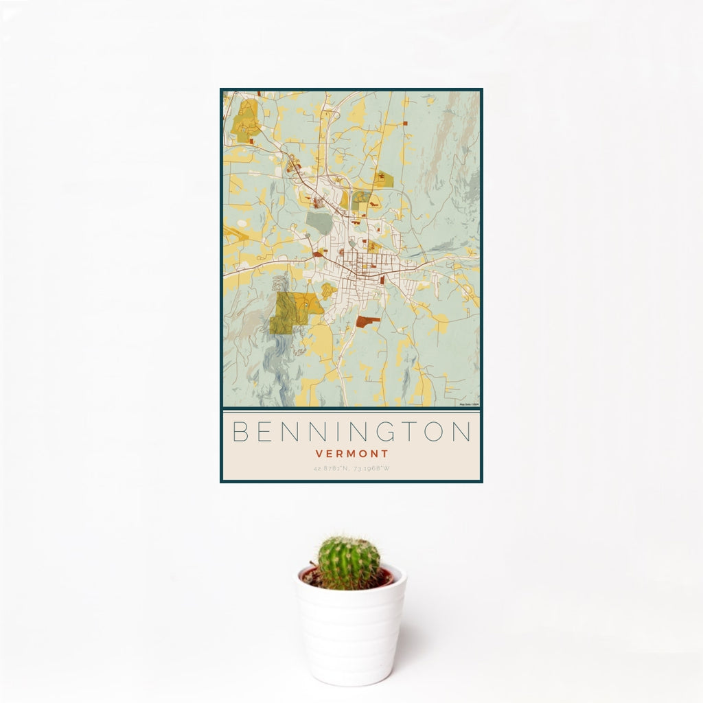 12x18 Bennington Vermont Map Print Portrait Orientation in Woodblock Style With Small Cactus Plant in White Planter