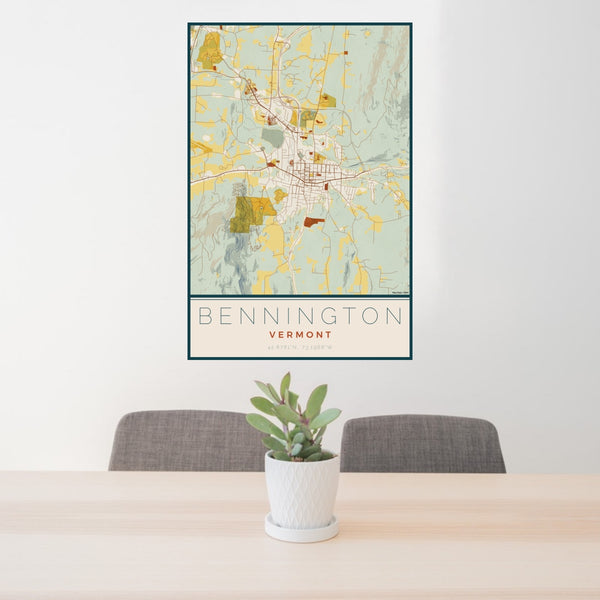 24x36 Bennington Vermont Map Print Portrait Orientation in Woodblock Style Behind 2 Chairs Table and Potted Plant