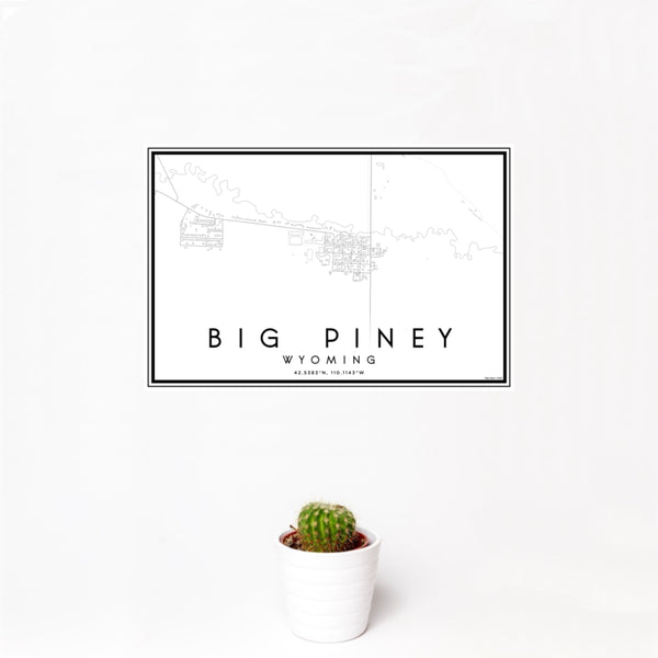 12x18 Big Piney Wyoming Map Print Landscape Orientation in Classic Style With Small Cactus Plant in White Planter