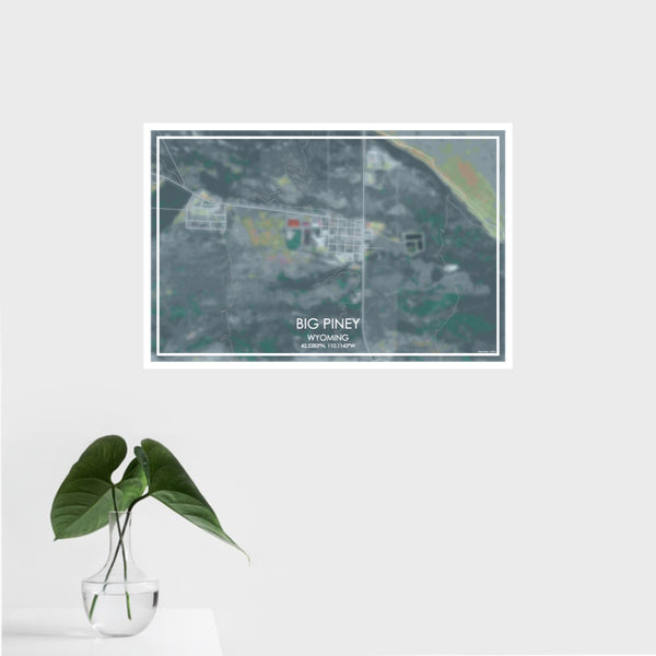 16x24 Big Piney Wyoming Map Print Landscape Orientation in Afternoon Style With Tropical Plant Leaves in Water