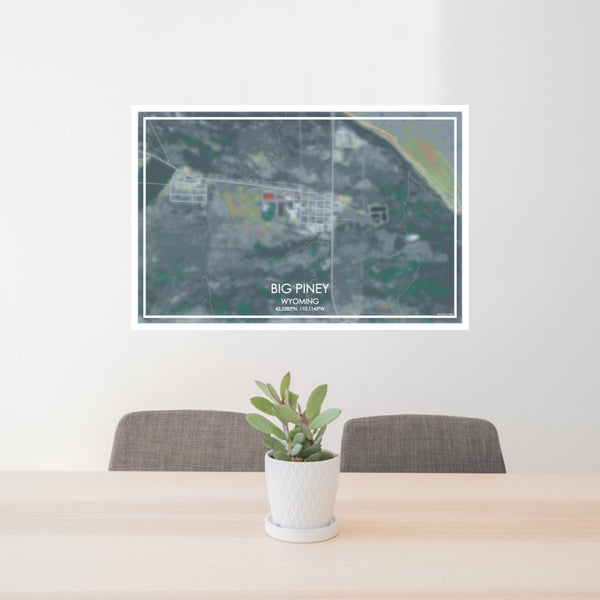 24x36 Big Piney Wyoming Map Print Lanscape Orientation in Afternoon Style Behind 2 Chairs Table and Potted Plant