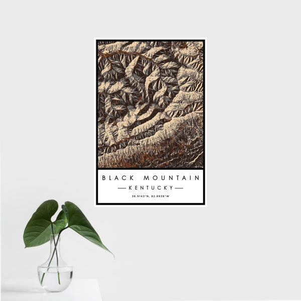 16x24 Black Mountain Kentucky Map Print Portrait Orientation in Ember Style With Tropical Plant Leaves in Water