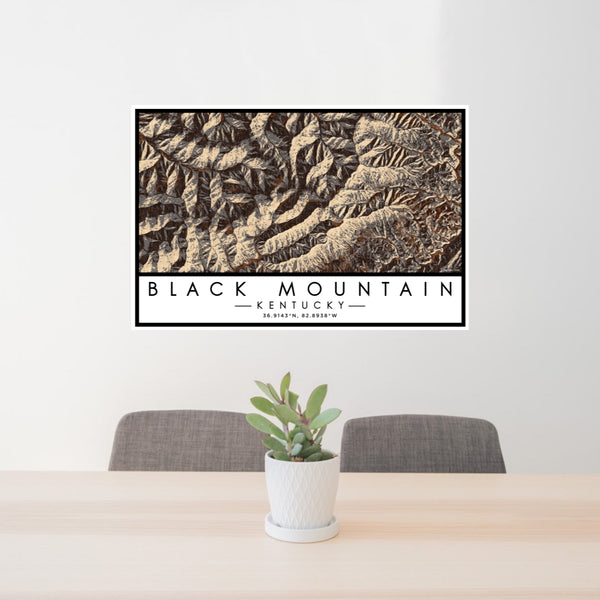 24x36 Black Mountain Kentucky Map Print Lanscape Orientation in Ember Style Behind 2 Chairs Table and Potted Plant
