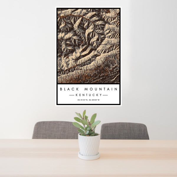 24x36 Black Mountain Kentucky Map Print Portrait Orientation in Ember Style Behind 2 Chairs Table and Potted Plant