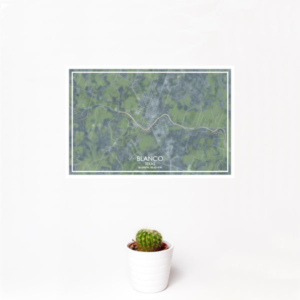 12x18 Blanco Texas Map Print Landscape Orientation in Afternoon Style With Small Cactus Plant in White Planter