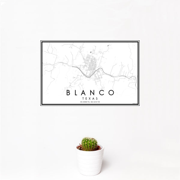 12x18 Blanco Texas Map Print Landscape Orientation in Classic Style With Small Cactus Plant in White Planter