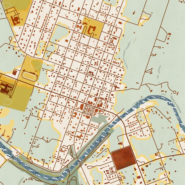 Blanco Texas Map Print in Woodblock Style Zoomed In Close Up Showing Details