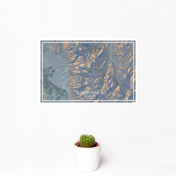 12x18 Borah Peak Idaho Map Print Landscape Orientation in Afternoon Style With Small Cactus Plant in White Planter