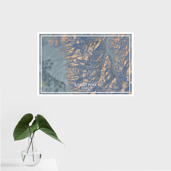 16x24 Borah Peak Idaho Map Print Landscape Orientation in Afternoon Style With Tropical Plant Leaves in Water