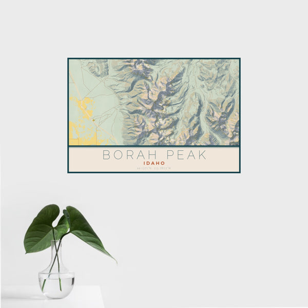 16x24 Borah Peak Idaho Map Print Landscape Orientation in Woodblock Style With Tropical Plant Leaves in Water